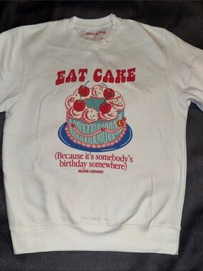 Mure+Grand "Eat Cake" Graphic Sweatshirt - White with Red & Blue Cake Print